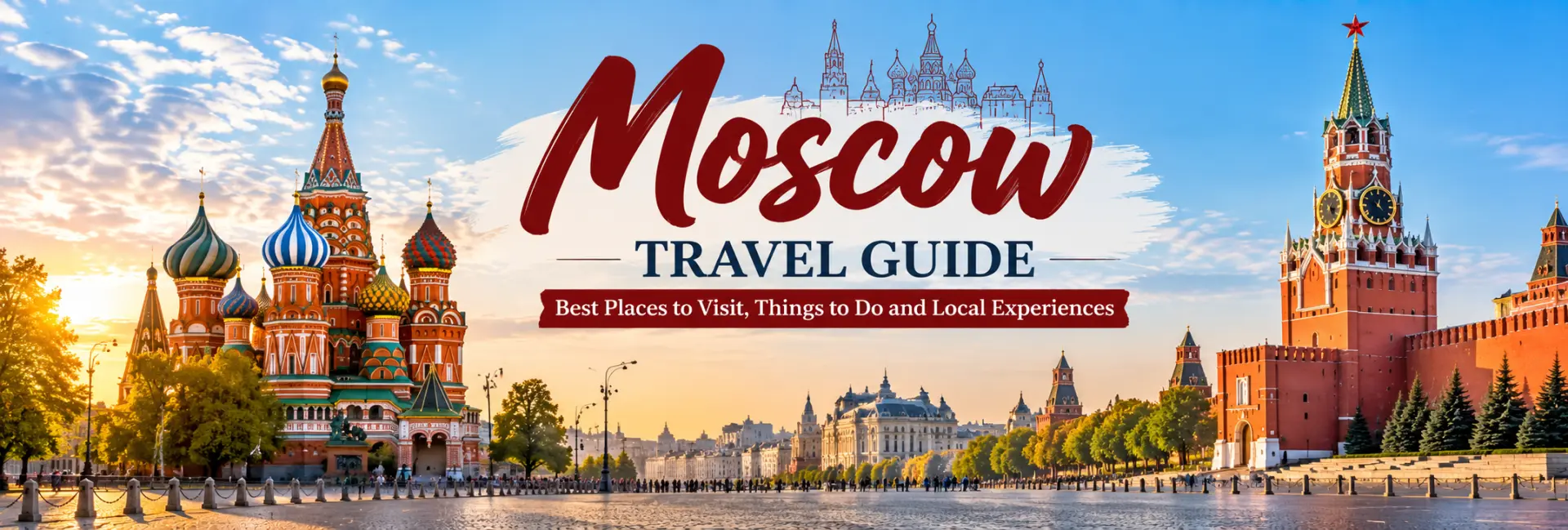 Moscow Travel Guide banner featuring Red Square, Saint Basil’s Cathedral and the Kremlin