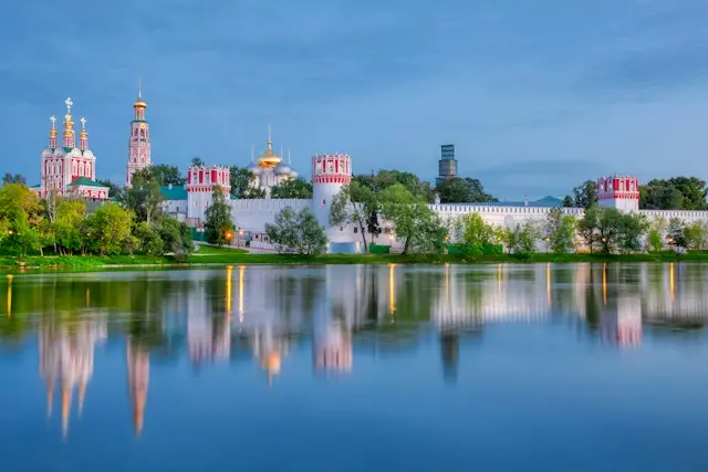 Novodevichy Convent reflected in a lake in Moscow