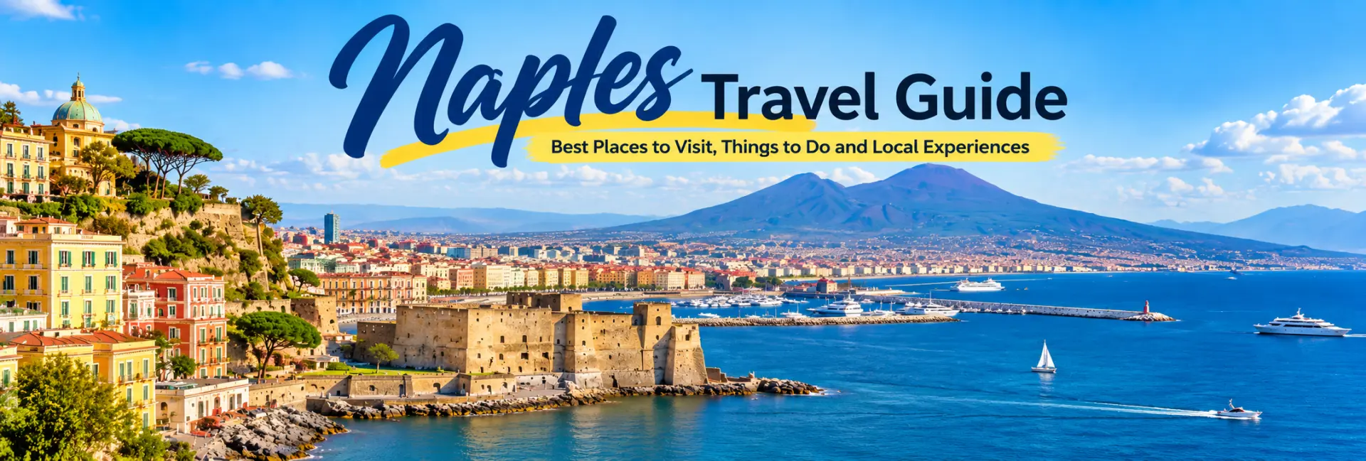 Naples Travel Guide banner with Mount Vesuvius, Castel dell’Ovo and Naples waterfront