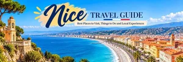 Nice Travel Guide banner with the Promenade des Anglais, Mediterranean Sea and colorful waterfront