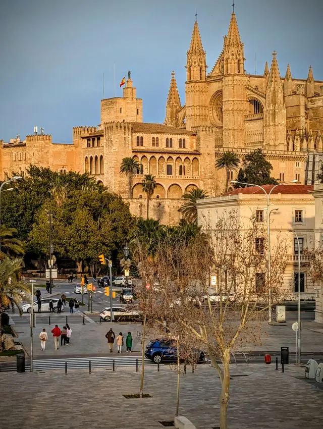 Royal Palace of La Almudaina beside Palma Cathedral, featuring historic stone walls, towers, and Gothic architecture.