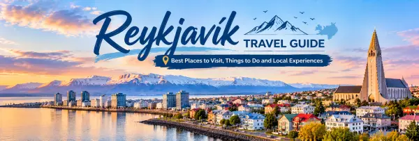 Reykjavík Travel Guide banner with Hallgrímskirkja, colorful rooftops and snow-capped mountains