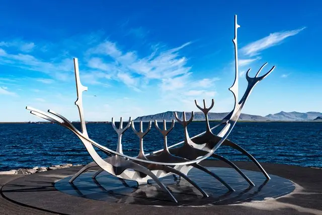Sun Voyager sculpture overlooking the sea and mountains in Reykjavik