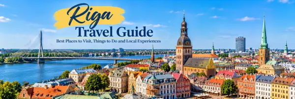 Riga travel guide banner featuring the historic Old Town, church spires, Daugava River and city skyline in Latvia.