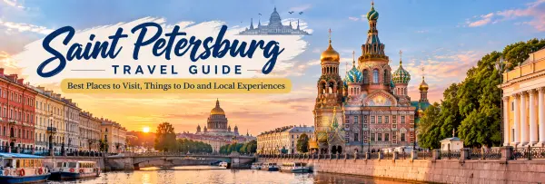Saint Petersburg Travel Guide banner with canals, colorful historic buildings and Church of the Savior on Spilled Blood