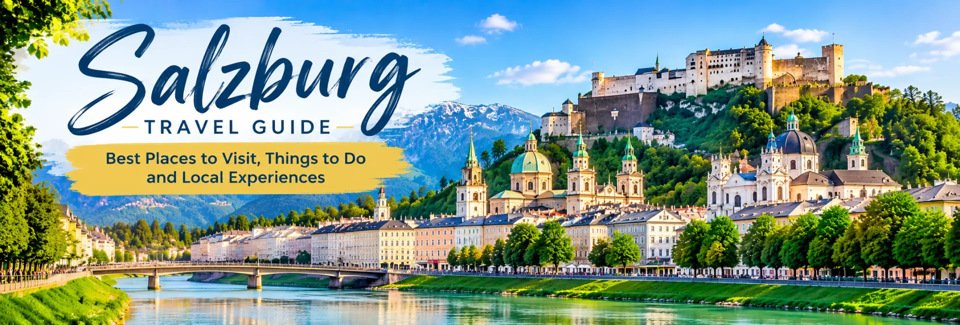 Panoramic view of Salzburg Old Town, Hohensalzburg Fortress, Salzach River and the Austrian Alps.