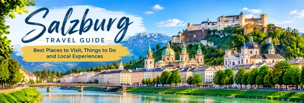 Panoramic view of Salzburg Old Town, Hohensalzburg Fortress, Salzach River and the Austrian Alps.