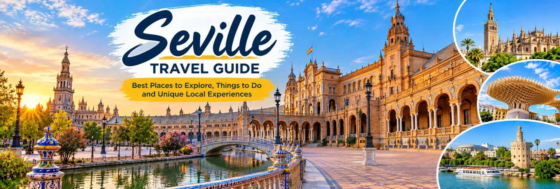 Seville travel guide featuring Plaza de España, historic architecture, the Giralda and scenic city views.