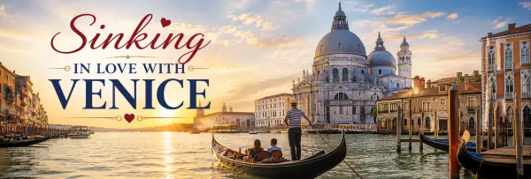 Venice Grand Canal at sunset with a gondola and historic buildings