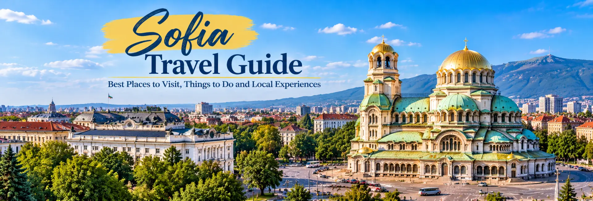 Sofia travel guide banner featuring Alexander Nevsky Cathedral, the city skyline and Vitosha Mountain.