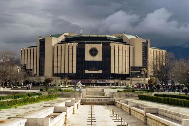 National Palace of Culture in Sofia, Bulgaria, featuring modern architecture, landscaped gardens, and fountains.