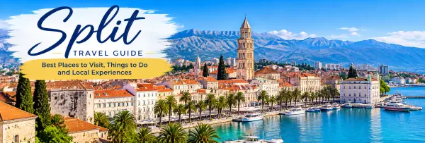 Split Travel Guide featuring Diocletian's Palace, historic Old Town, Riva Promenade and the Adriatic Sea in Croatia.