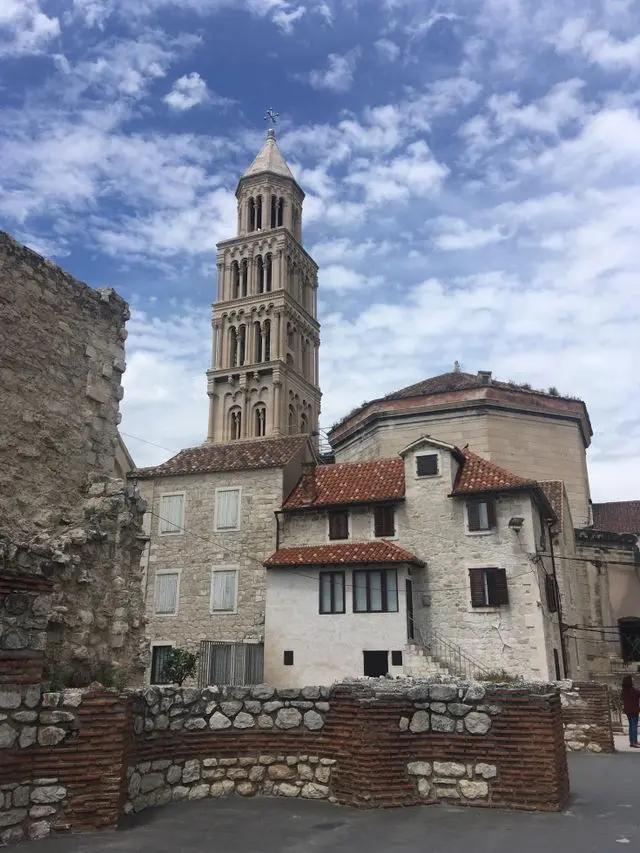 Cathedral of Saint Domnius in Split, Croatia, featuring a historic Romanesque bell tower and ancient stone buildings.