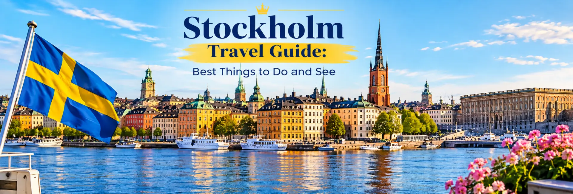 Stockholm waterfront with historic buildings, Swedish flag, boats, and travel guide title