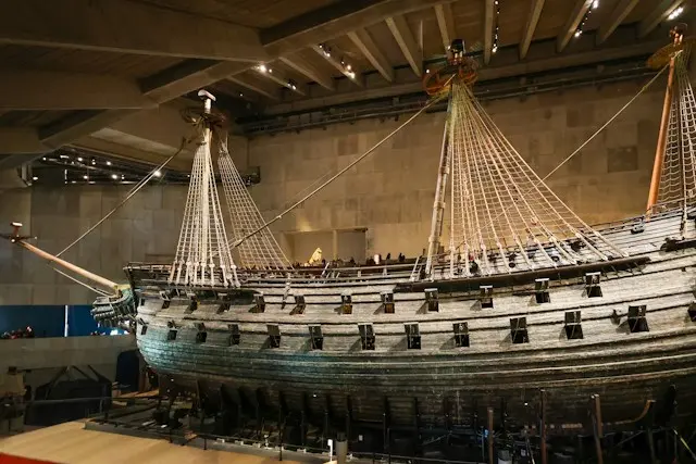 Historic Vasa ship displayed inside the Vasa Museum in Stockholm, Sweden