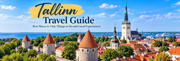 Tallinn travel guide banner featuring medieval Old Town towers, historic rooftops and St. Olaf's Church in Estonia.