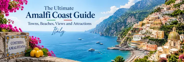 Panoramic view of the Amalfi Coast with colorful cliffside towns, blue sea, boats and Italian coastal scenery.