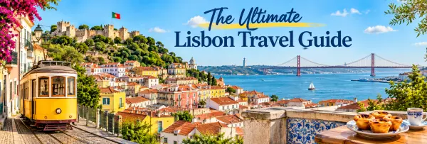 Lisbon travel guide banner with yellow tram, São Jorge Castle, city rooftops, Tagus River and 25 de Abril Bridge.