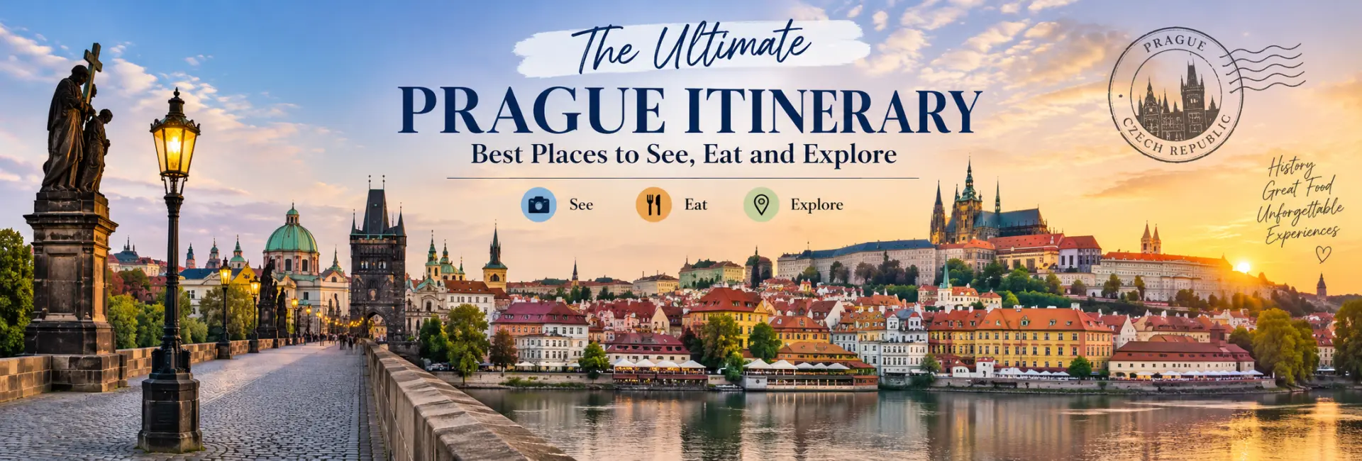 rague skyline with Charles Bridge, historic rooftops, and Prague Castle at sunset.