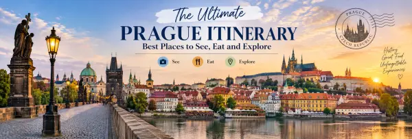 rague skyline with Charles Bridge, historic rooftops, and Prague Castle at sunset.