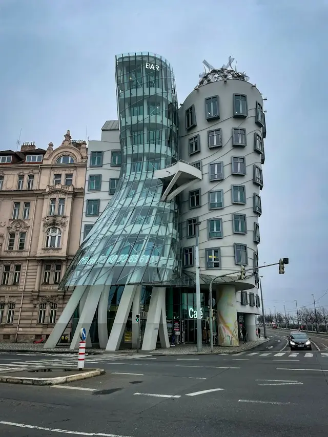 Prague’s iconic Dancing House with its distinctive curved glass and modern architecture.