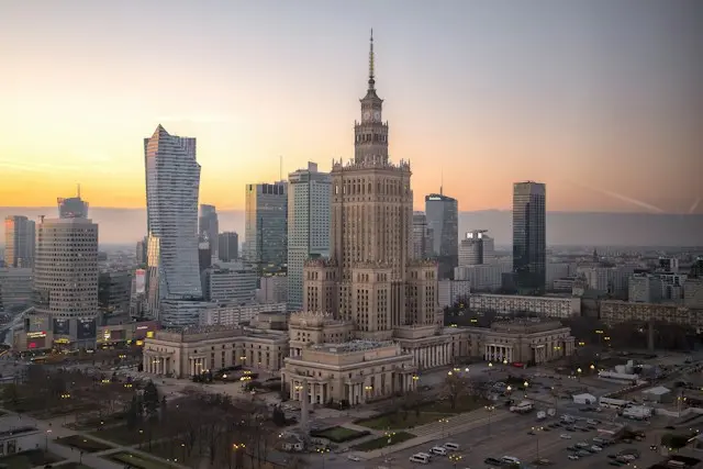 Palace of Culture and Science overlooking central Warsaw at sunset