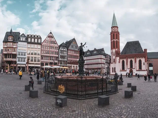 Römerberg square in Frankfurt with historic buildings and church