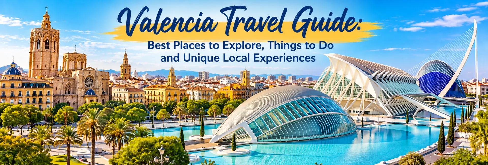 Valencia Travel Guide featuring the City of Arts and Sciences and historic skyline, Spain.