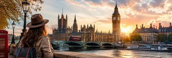 Traveler viewing Big Ben and the London skyline at sunset