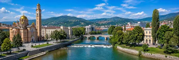Banja Luka skyline with Vrbas River, Cathedral of Christ the Saviour and green hills