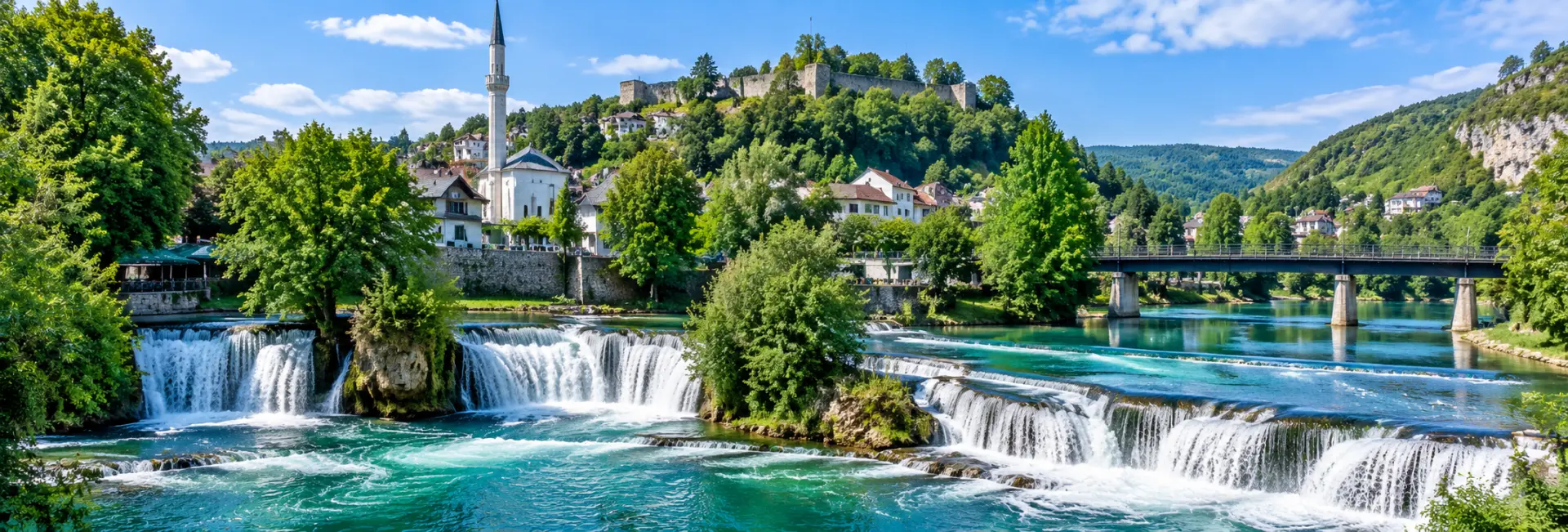 Bihać, Bosnia and Herzegovina, with turquoise waterfalls, historic buildings, a mosque, and a hilltop fortress