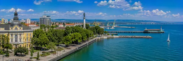 Burgas waterfront with Sea Garden, historic buildings, pier and Black Sea coastline in Bulgaria.
