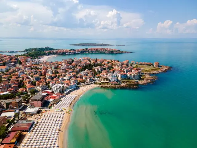Aerial view of Sozopol coastline, beaches, and turquoise Black Sea in Bulgaria