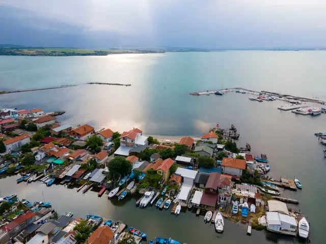 Aerial view of a coastal town and marina along the Black Sea in Bulgaria