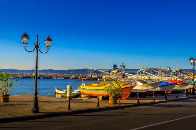 Fishing boats along the waterfront of Nessebar, Bulgaria