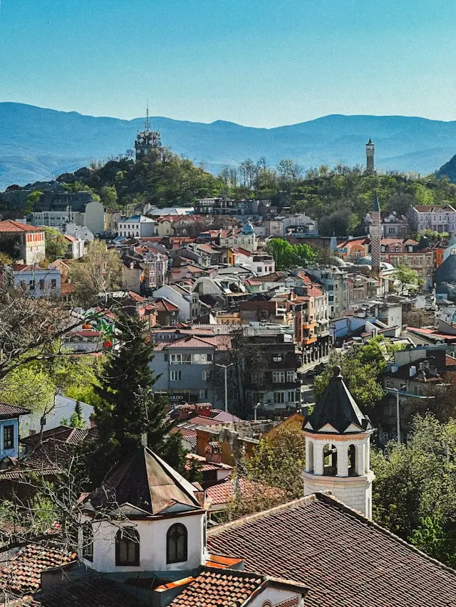 Historic Old Town of Plovdiv, Bulgaria, with traditional houses and hills