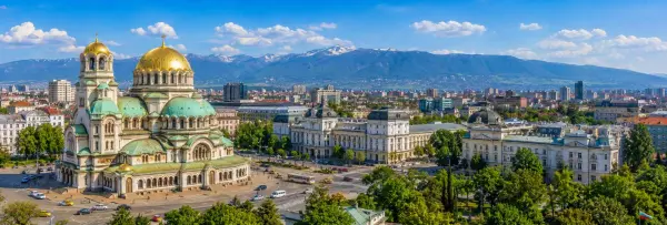 Sofia panoramic cityscape with Alexander Nevsky Cathedral and Vitosha Mountain