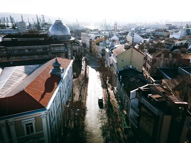 Aerial view of Varna, Bulgaria, with the Black Sea and city harbor