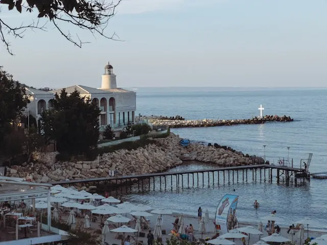 Varna seaside promenade and lighthouse overlooking the Black Sea in Bulgaria