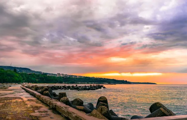 Varna Black Sea coastline at sunset in Bulgaria