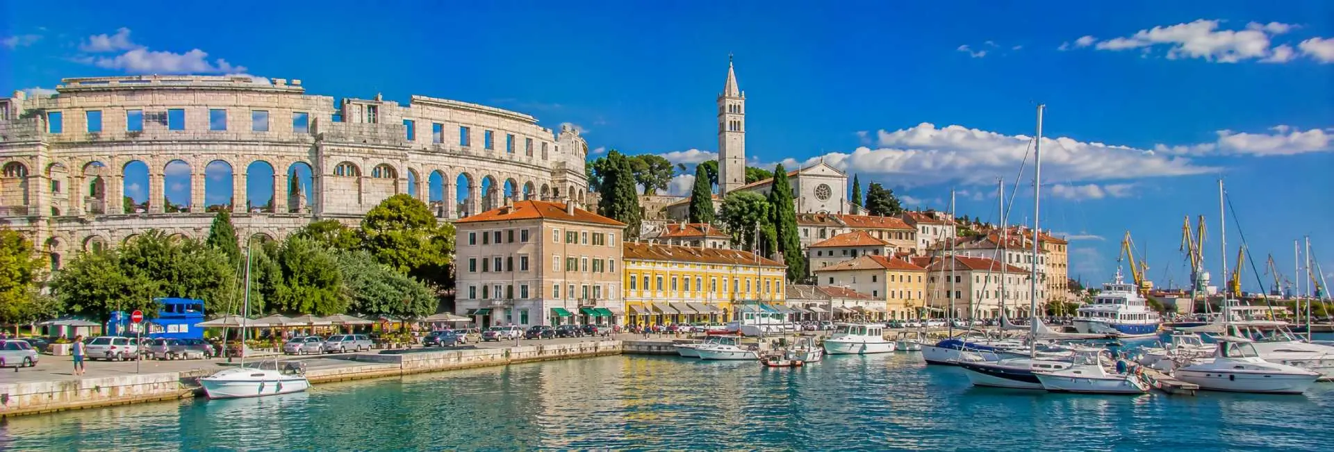 Pula Croatia with Roman Arena, historic Old Town, marina and Adriatic waterfront