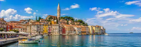 Rovinj Croatia Old Town with colorful waterfront houses, St Euphemia Church and Adriatic Sea