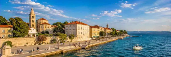 Zadar Croatia waterfront with historic Old Town, church tower and Adriatic Sea