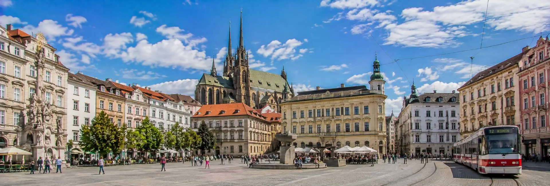 Brno Czechia city centre with St Peter and Paul Cathedral, historic buildings and tram
