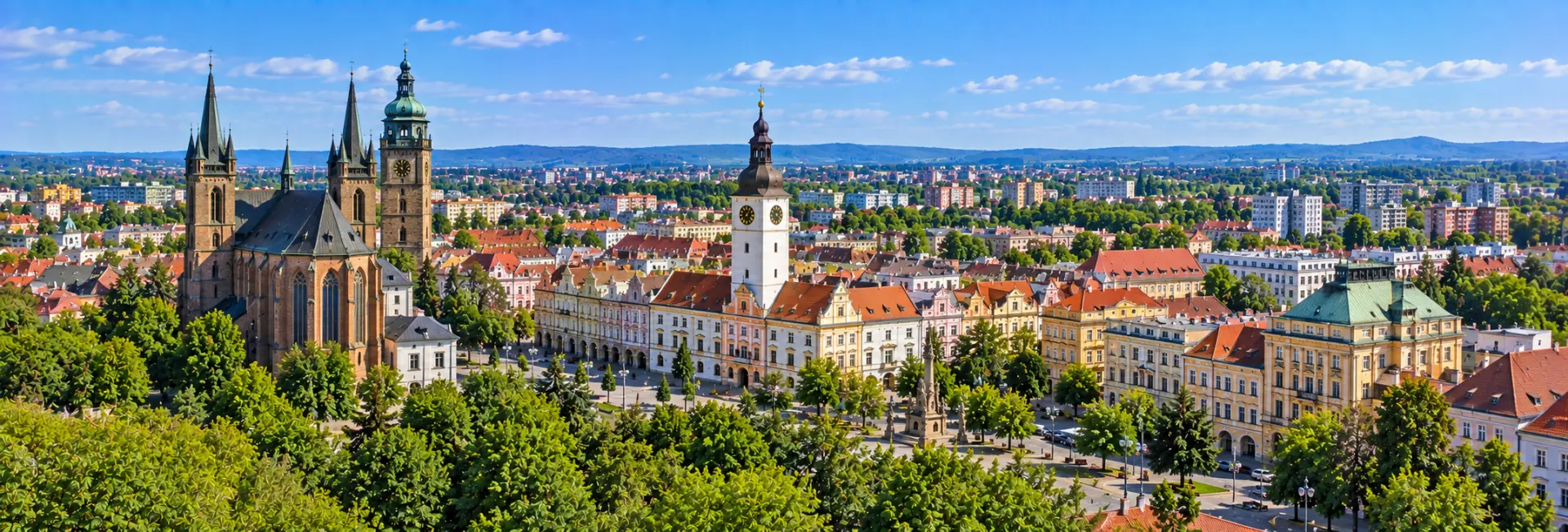 Panoramic view of Hradec Králové with White Tower, Cathedral of the Holy Spirit and historic square