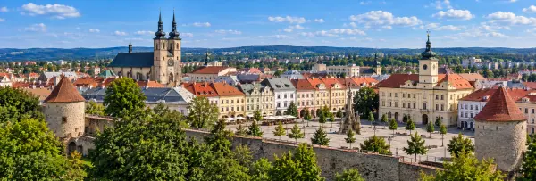 Panoramic view of Jihlava with historic square, medieval walls, church towers and red-roofed buildings