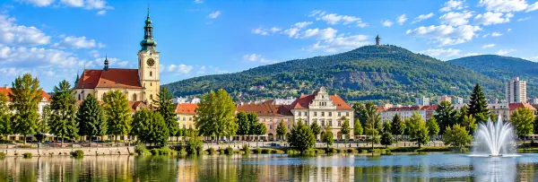Most, Czech Republic, with the historic city center, Church of the Assumption and Hněvín hill