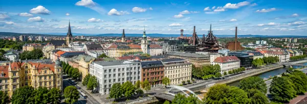 Ostrava, Czech Republic skyline with historic architecture, greenery, waterways and industrial landmarks