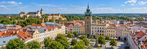 Panoramic view of Pardubice with historic square, colorful townhouses, clock tower and Pardubice Castle
