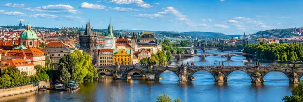 Prague panoramic cityscape with Charles Bridge over the Vltava River